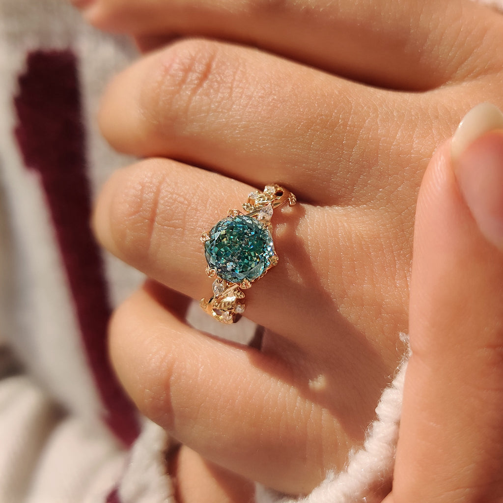 Nature Inspired Cyan Blue Portuguese Cut Moissanite Ring in Tulip Setting