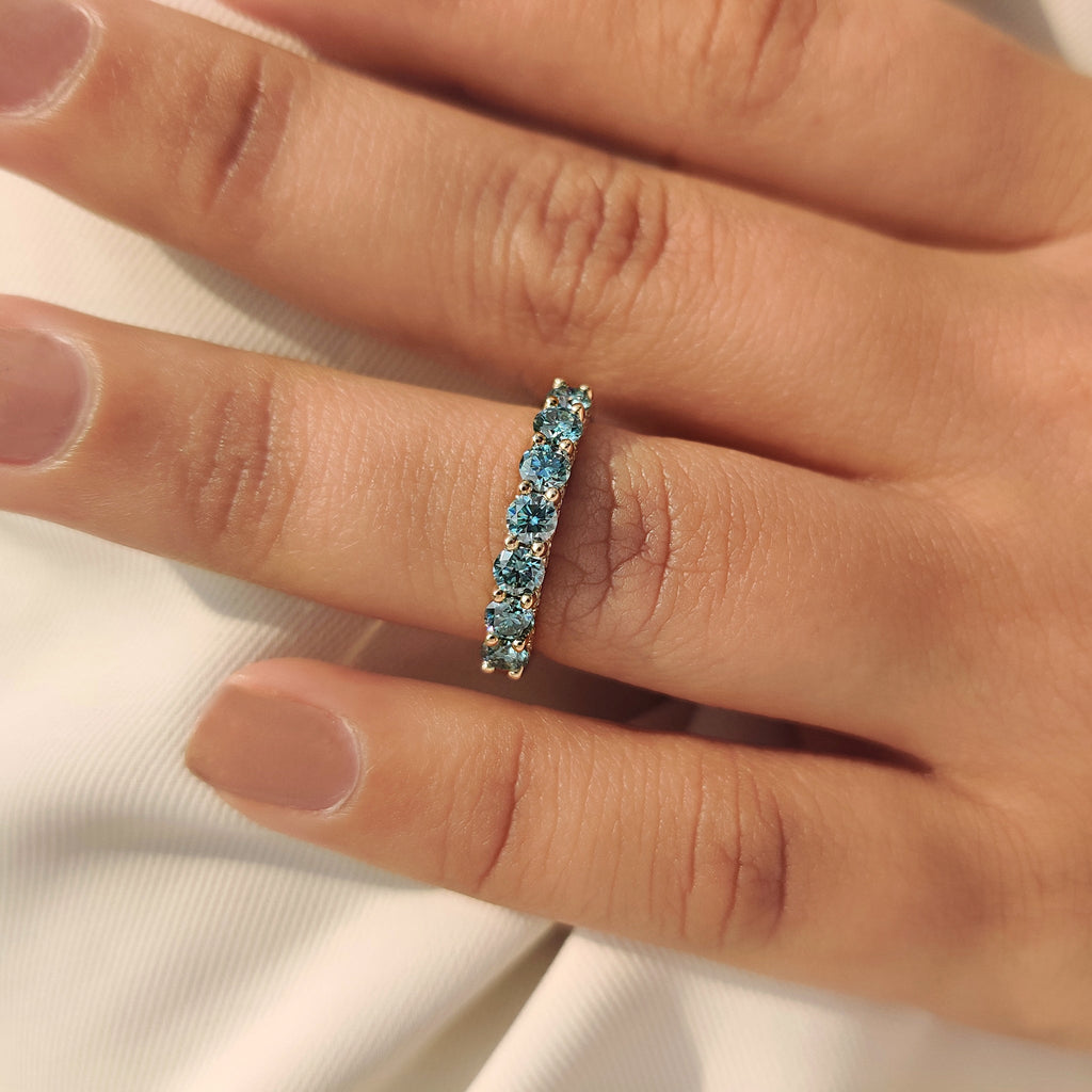 Blue Round Cut moissanite Half Eternity Wedding Band in Pave Style