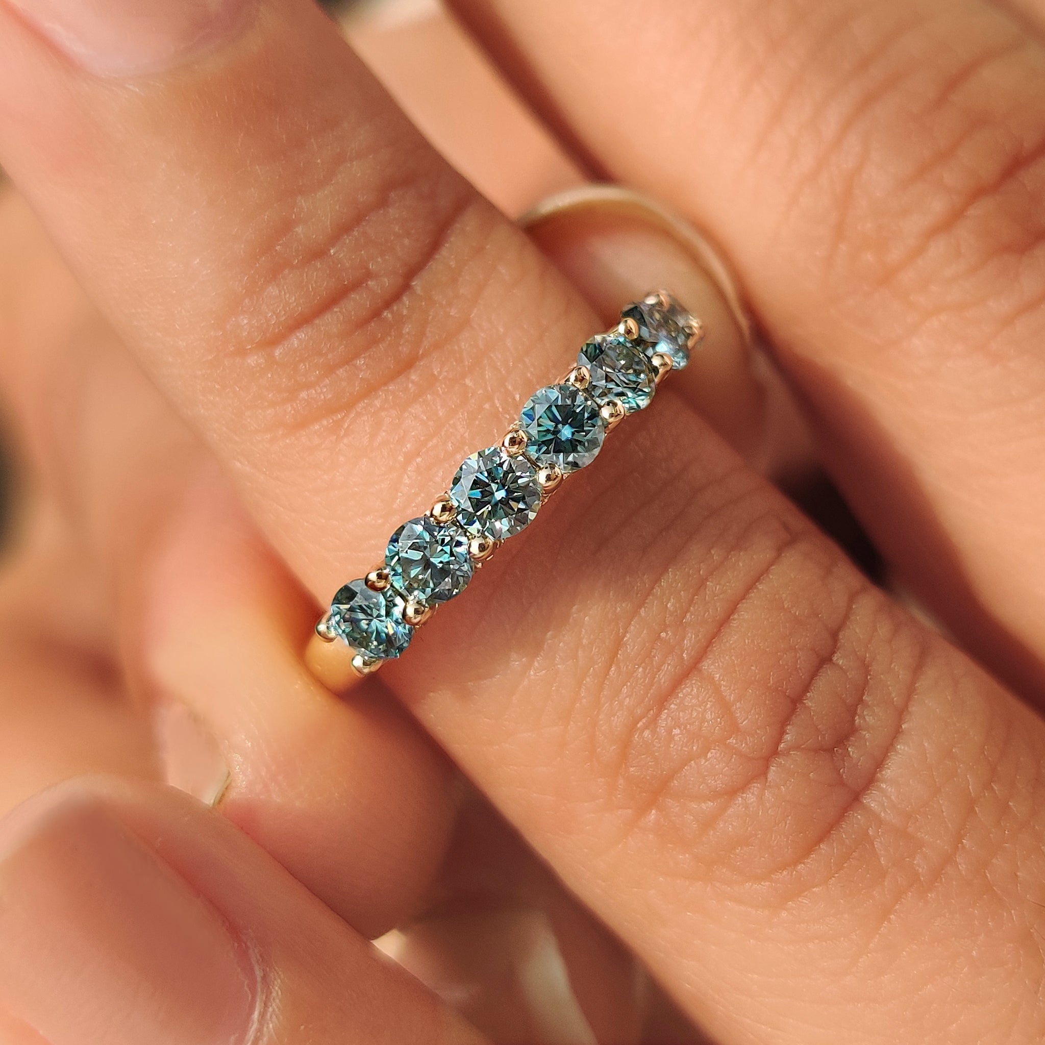 Blue Round Cut moissanite Half Eternity Wedding Band in Pave Style