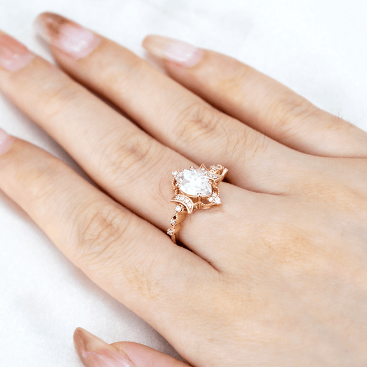 Pear Moissanite Crescent Moon Engagement Ring | Cluster Rings