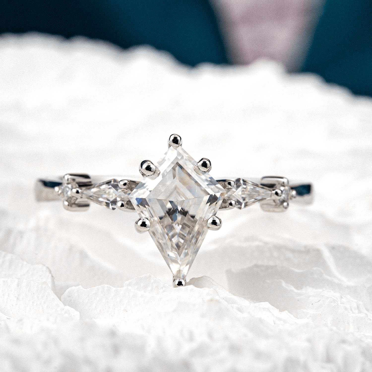 Kite-Shaped Moissanite and Diamond Exquisite Engagement Ring for a Stunning Proposal