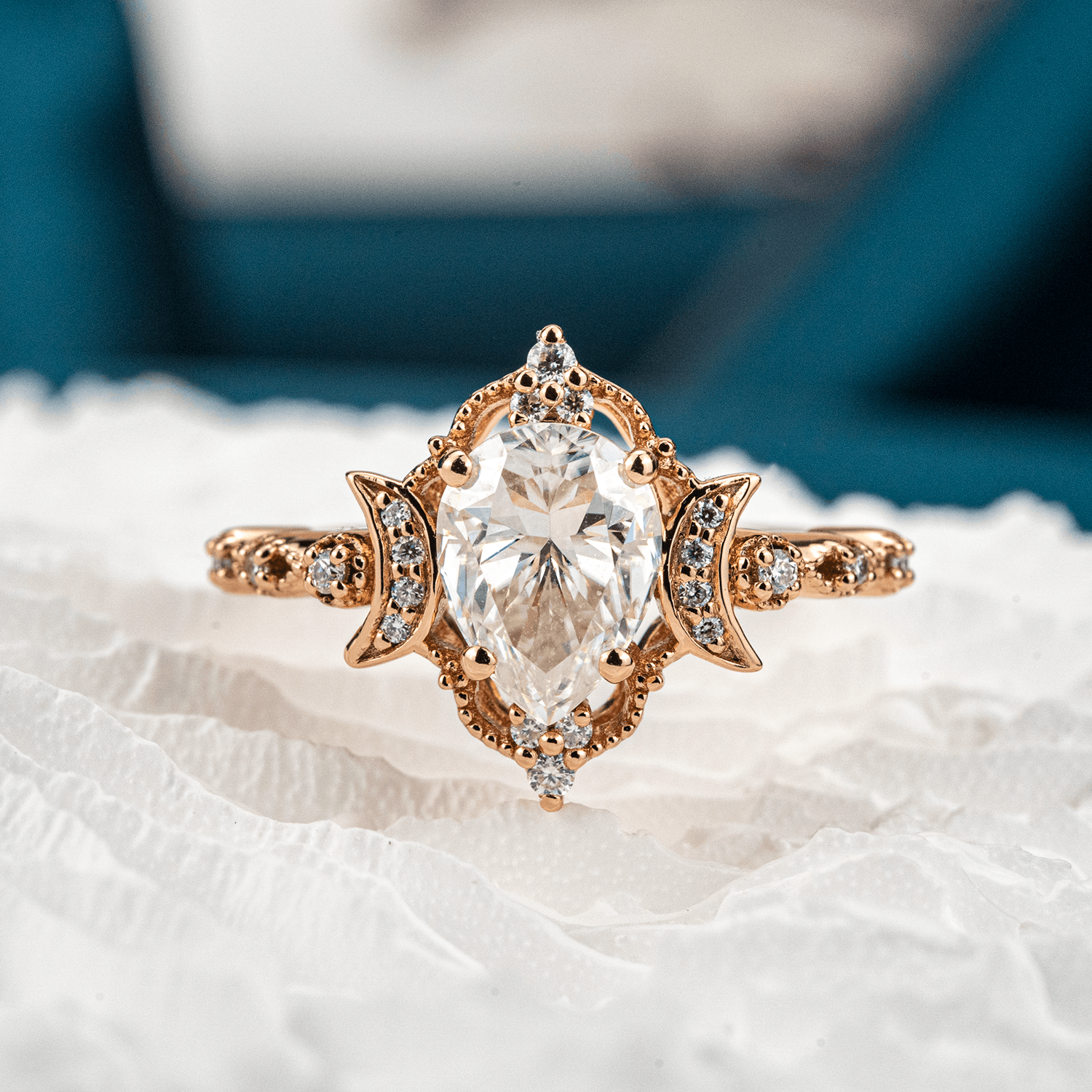 Pear Moissanite Crescent Moon Engagement Ring | Cluster Rings