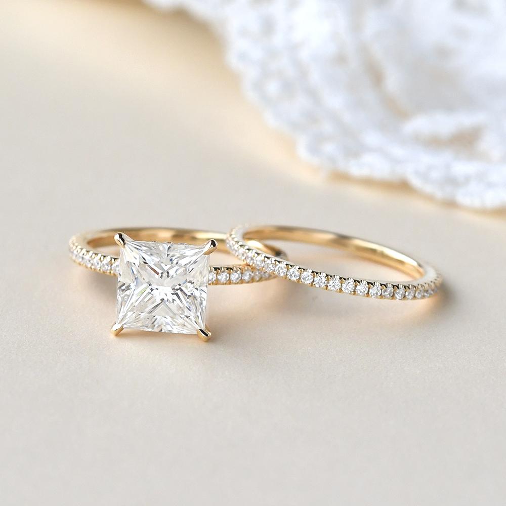 2.0CT Princess Cut  Moissanite Diamond Solitaire Bridal Ring Set