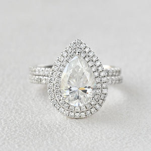 1.86CT Pear Cut Moissanite Double Halo Bridal Ring Set