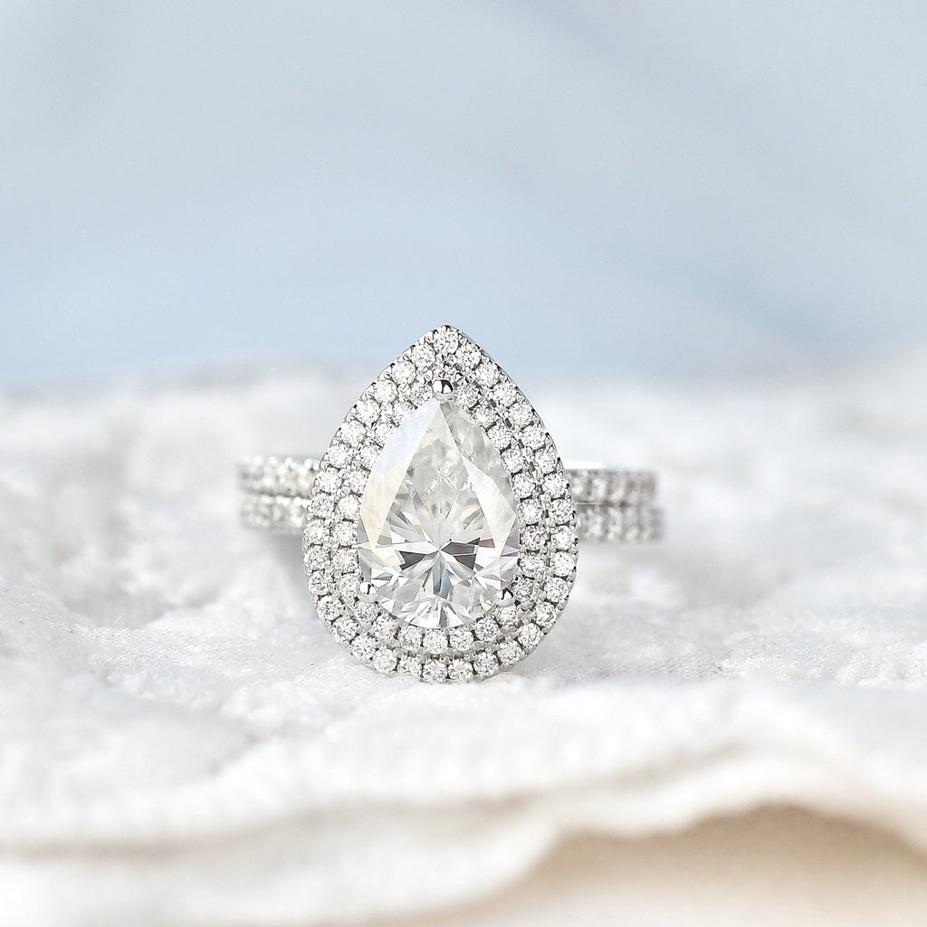1.86CT Pear Cut Moissanite Double Halo Bridal Ring Set