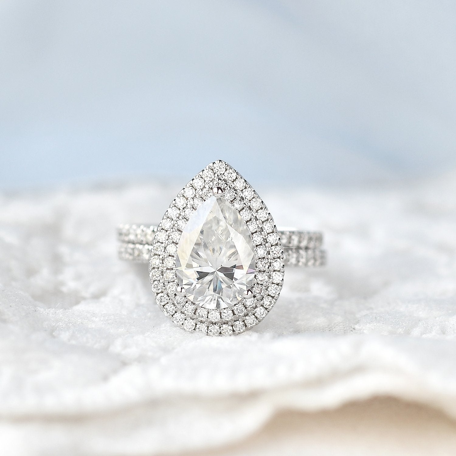 1.86CT Pear Cut Moissanite Double Halo Bridal Ring Set