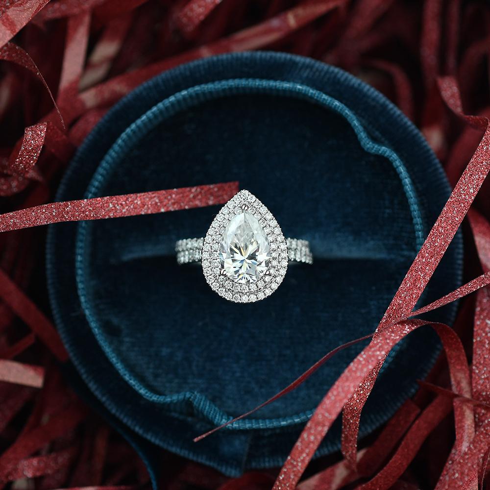 1.86CT Pear Cut Moissanite Double Halo Bridal Ring Set
