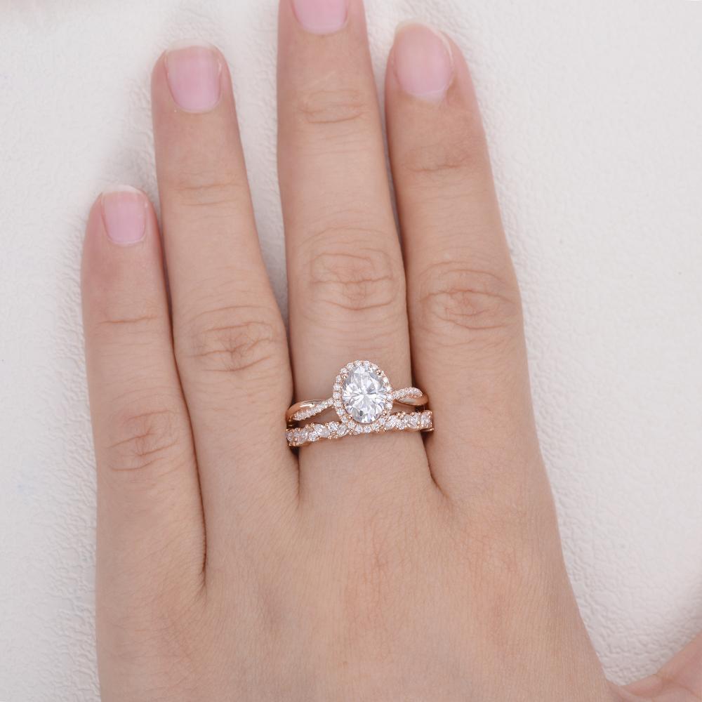 1.86CT Oval Cut Moissanite Halo Bridal Ring Set