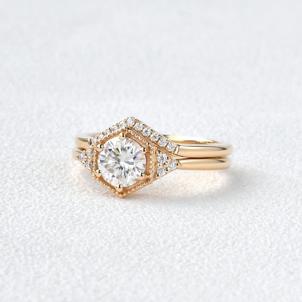 1.0CT Round Brilliant Cut Moissanite Hexagon Shape Bridal Ring Set