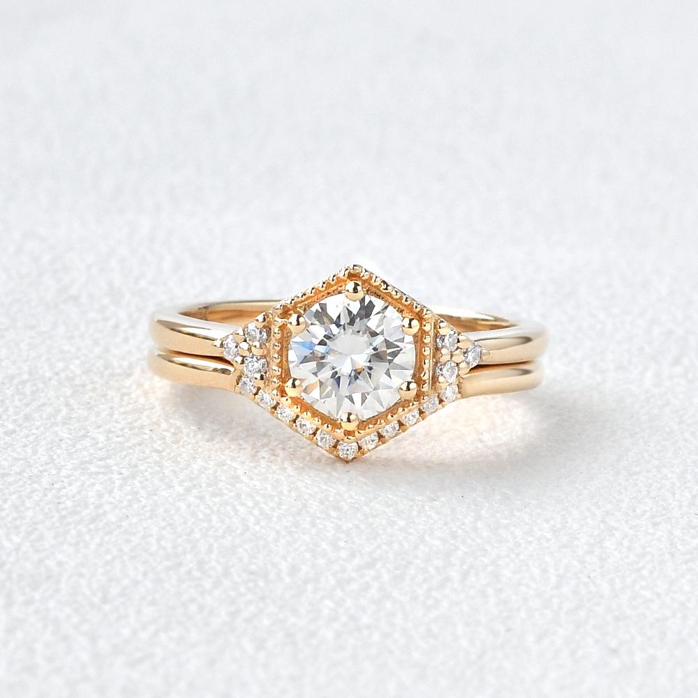 1.0CT Round Brilliant Cut Moissanite Hexagon Shape Bridal Ring Set
