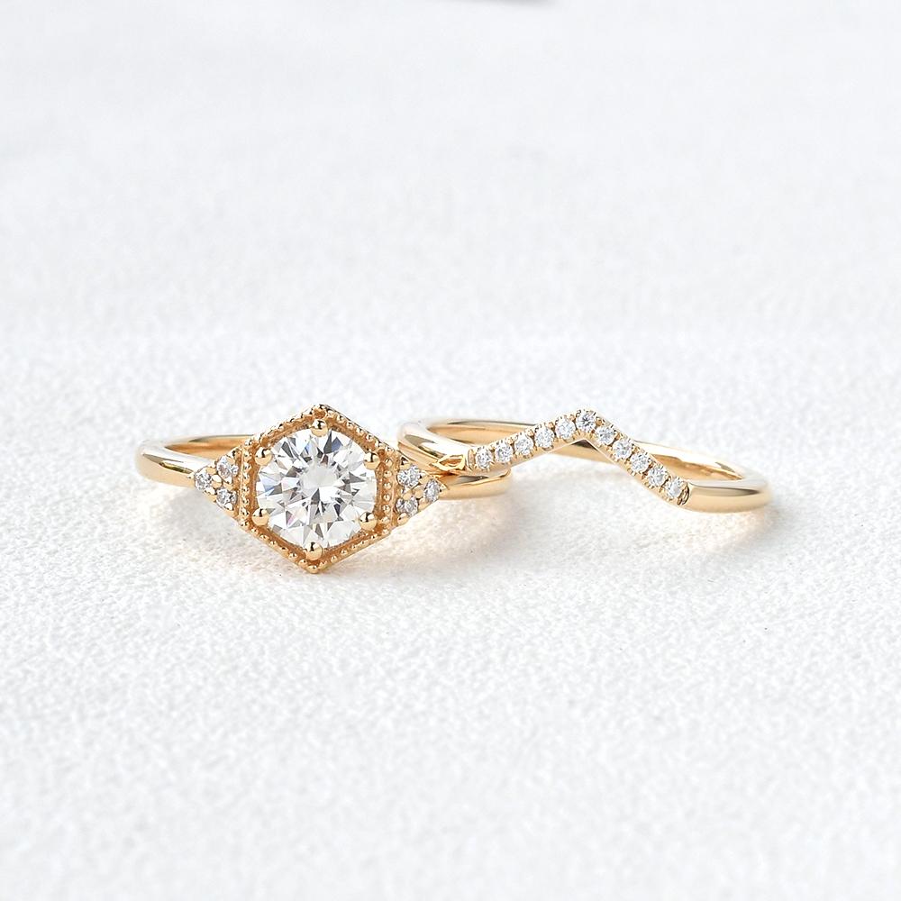 1.0CT Round Brilliant Cut Moissanite Hexagon Shape Bridal Ring Set