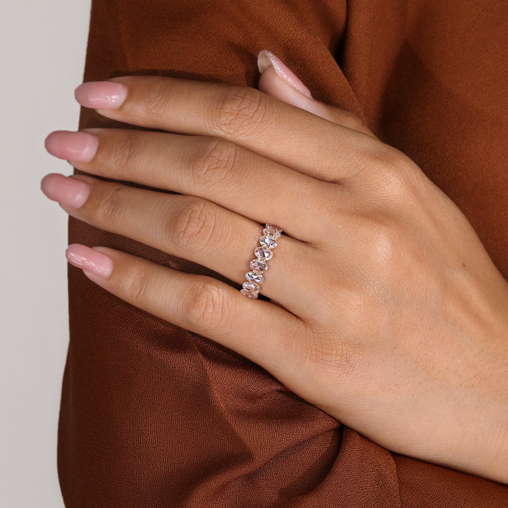 Oval Rose Cut Diamond Eternity Band with Shared Prong
