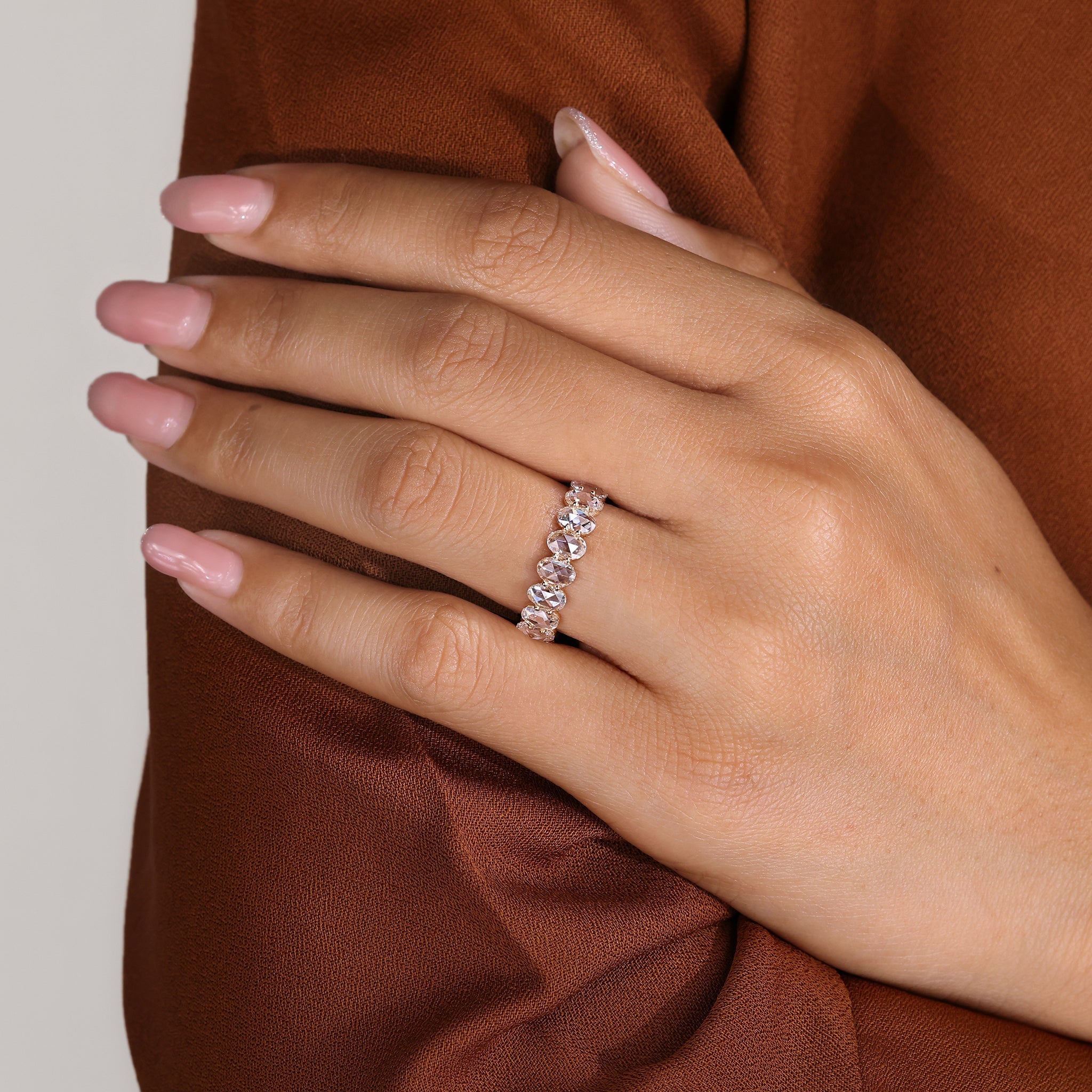 Oval Rose Cut Diamond Eternity Band with Shared Prong