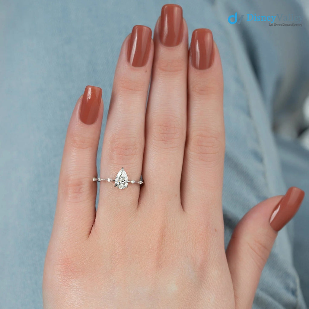 Pear Lab Grown Hidden Halo Dainty Pave Engagement Ring
