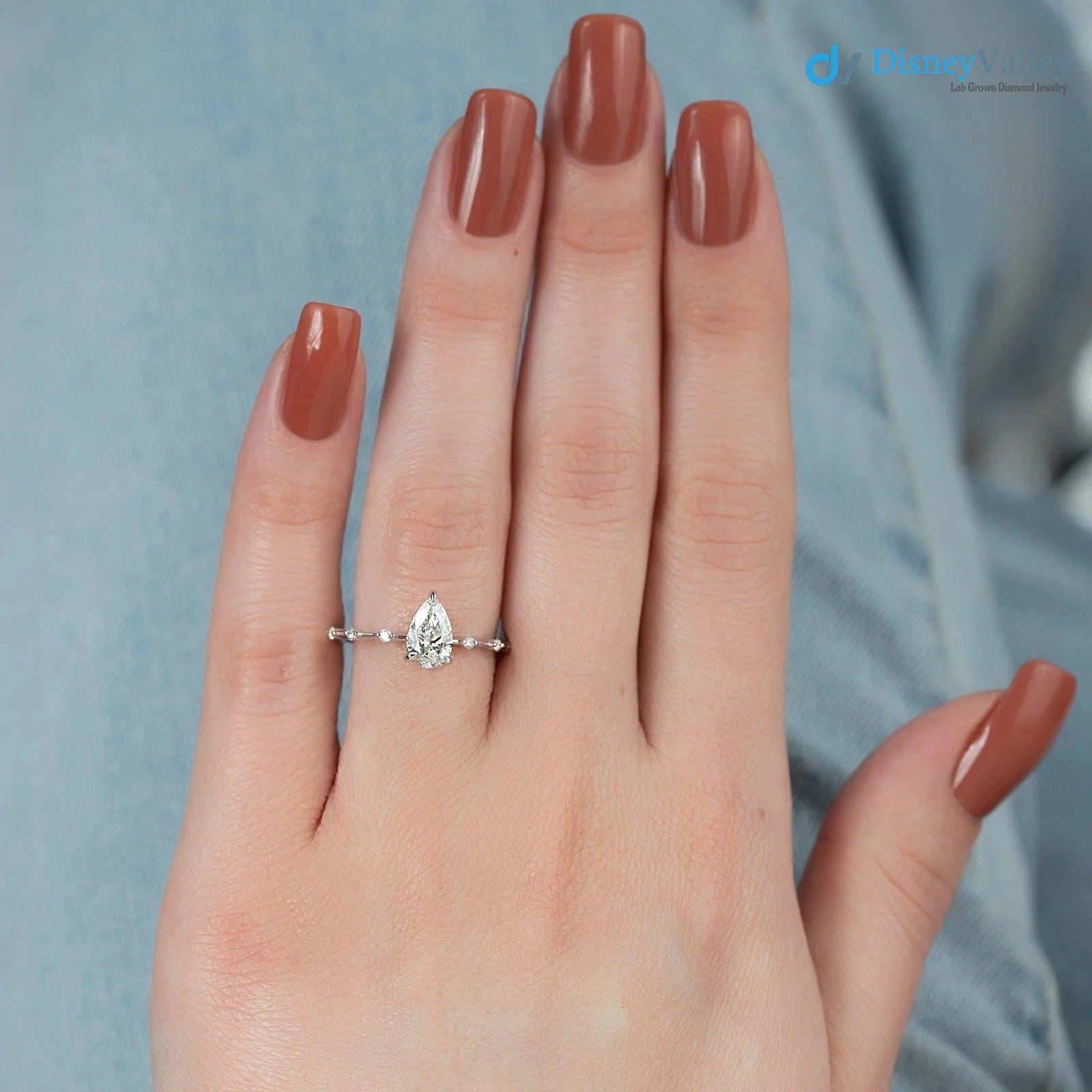 Pear Lab Grown Hidden Halo Dainty Pave Engagement Ring
