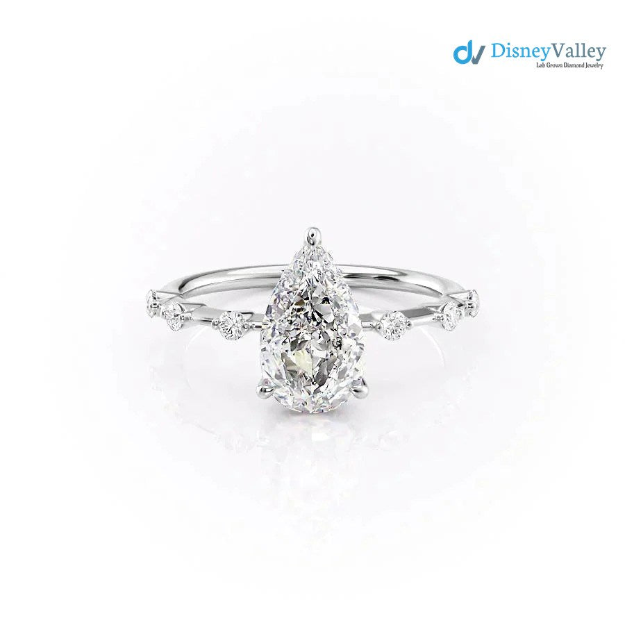 Pear Lab Grown Hidden Halo Dainty Pave Engagement Ring