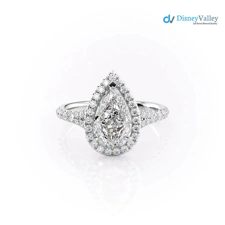 Pear Lab Grown Halo Split Shank Pave Setting Engagement Ring