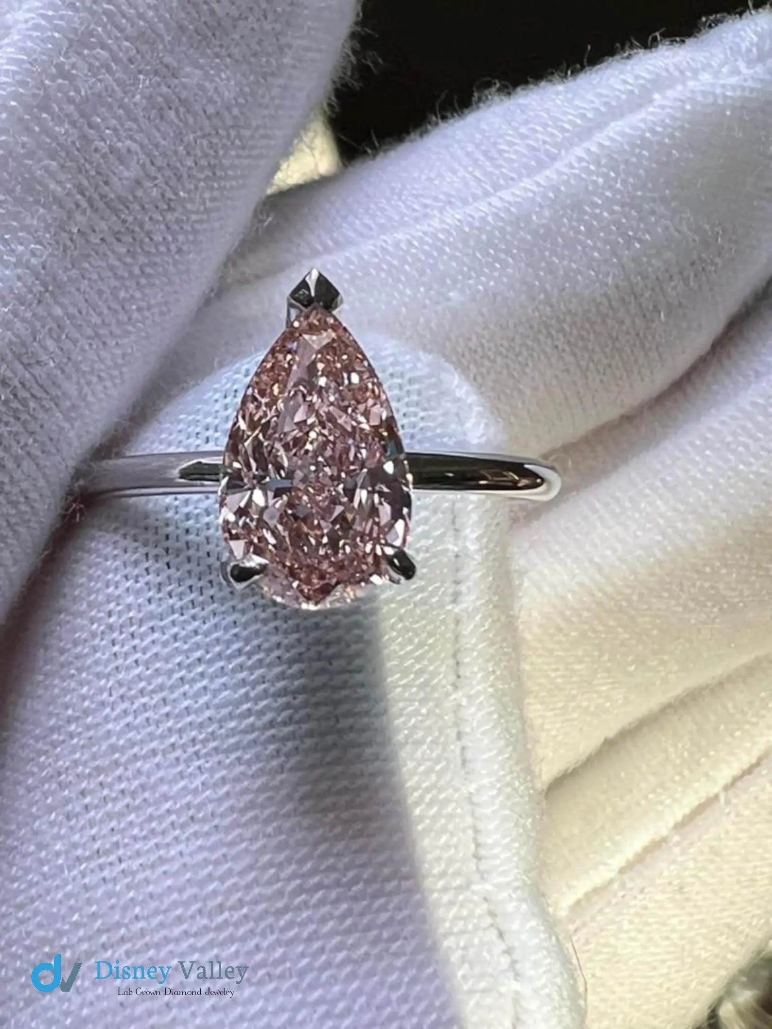 Certified 2CT Pear Fancy Intense Pink Lab Grown Diamond Hidden Halo Engagement Ring - DisneyValley