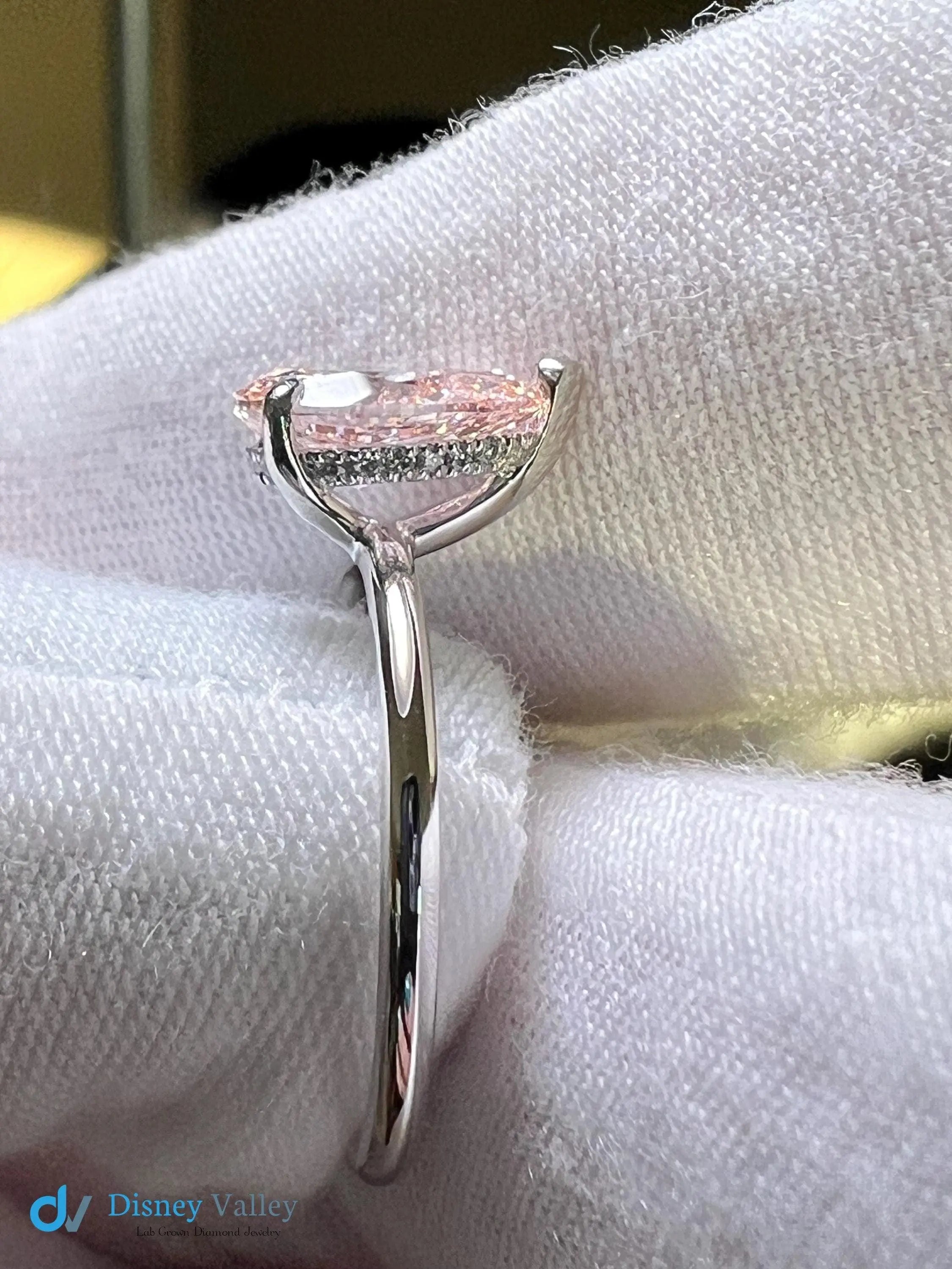 Certified 2CT Pear Fancy Intense Pink Lab Grown Diamond Hidden Halo Engagement Ring - DisneyValley