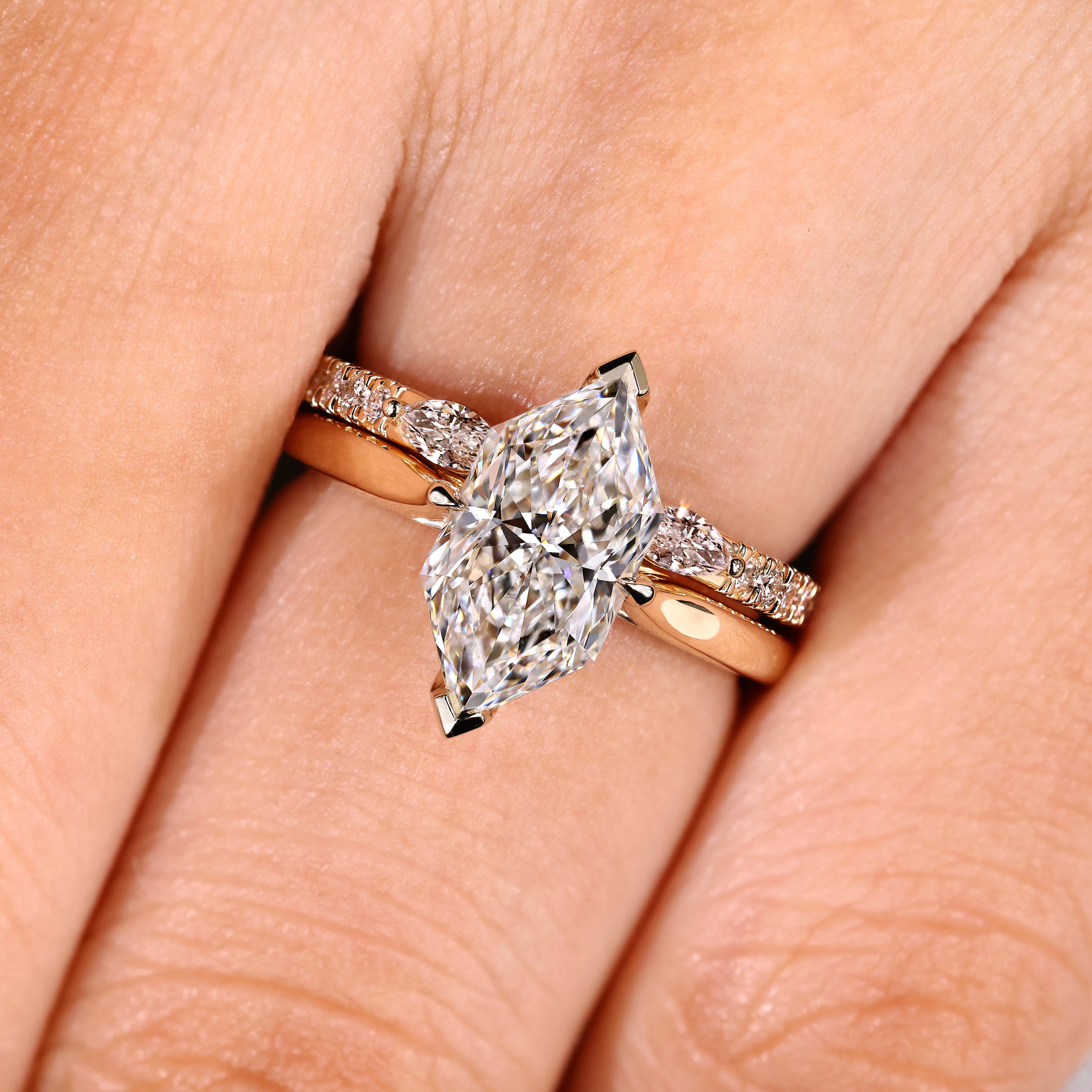 Dutch Marquise Ring with Wedding Band in Solitaire Bridal Set Style
