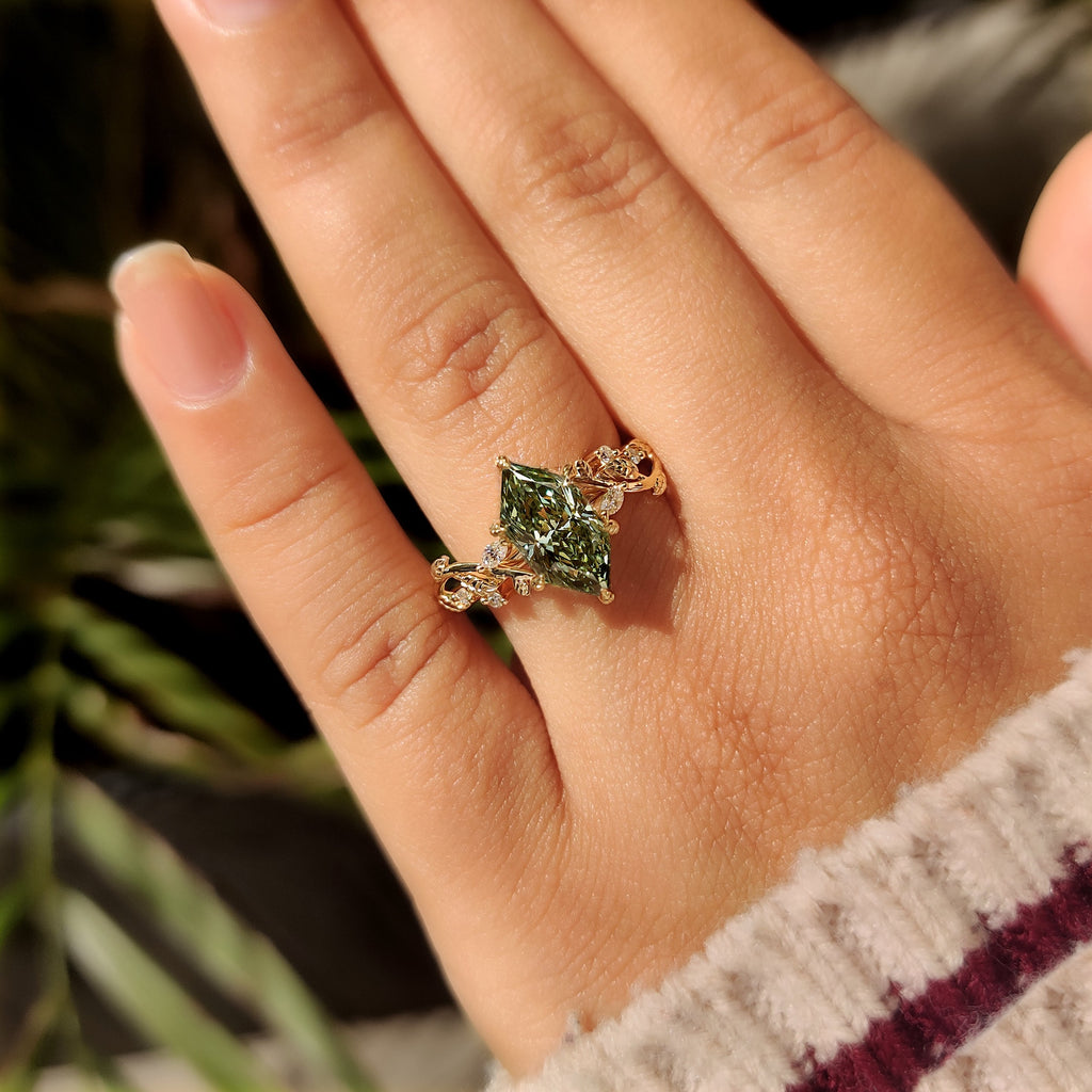 Green Dutch Marquise Engagement Ring in Leaf Details