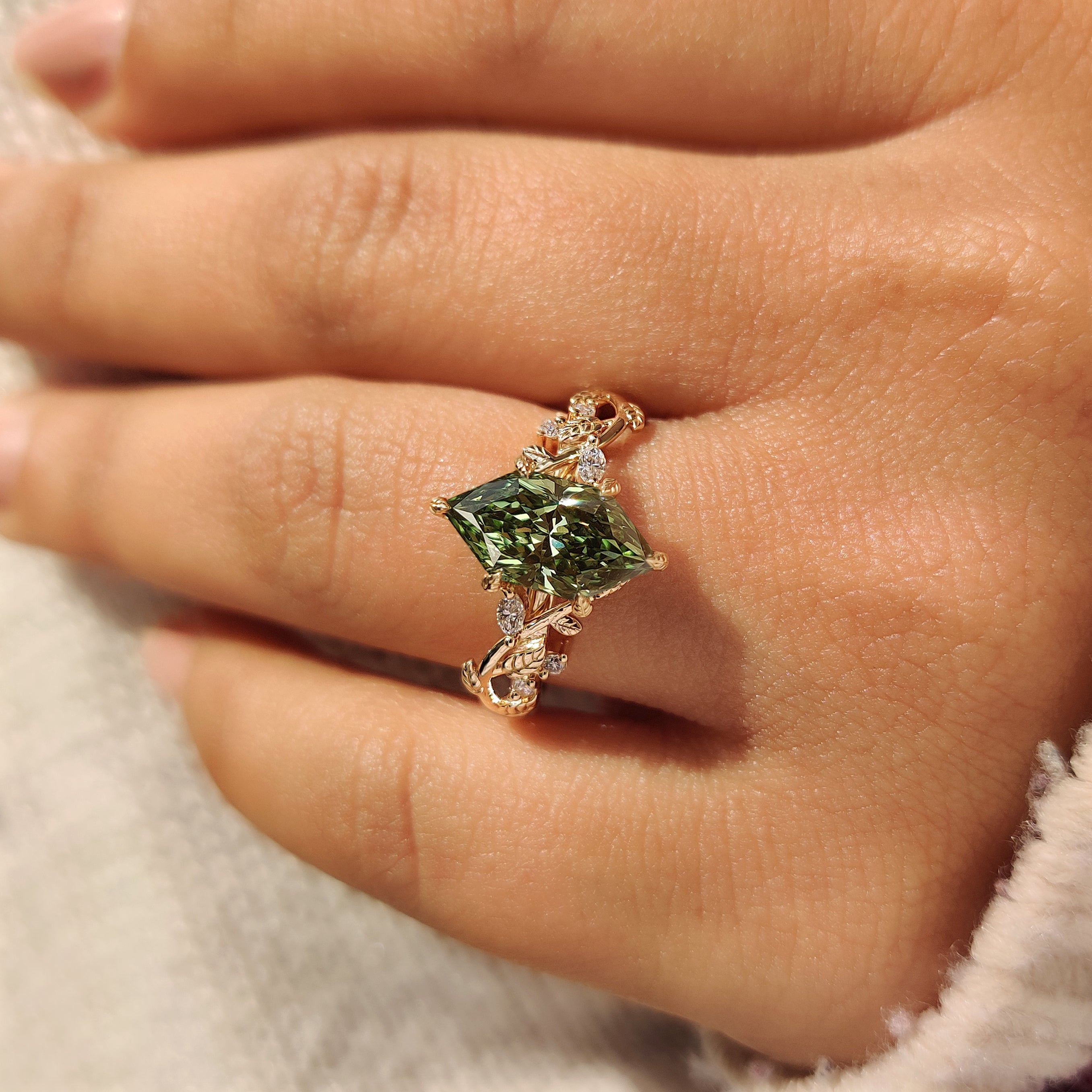 Green Dutch Marquise Engagement Ring in Leaf Details