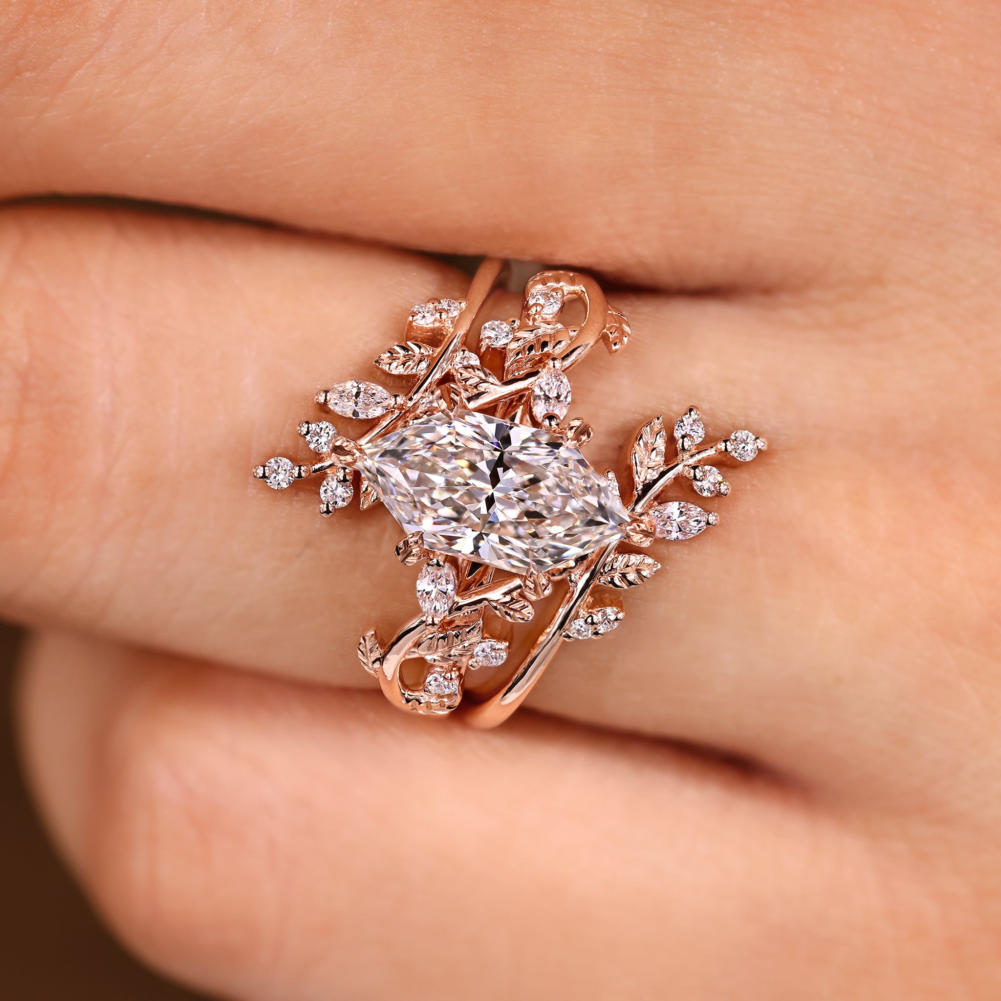 Dutch Marquise Ring with Enhancer Band Nature Inspired Bridal Set Secondary image