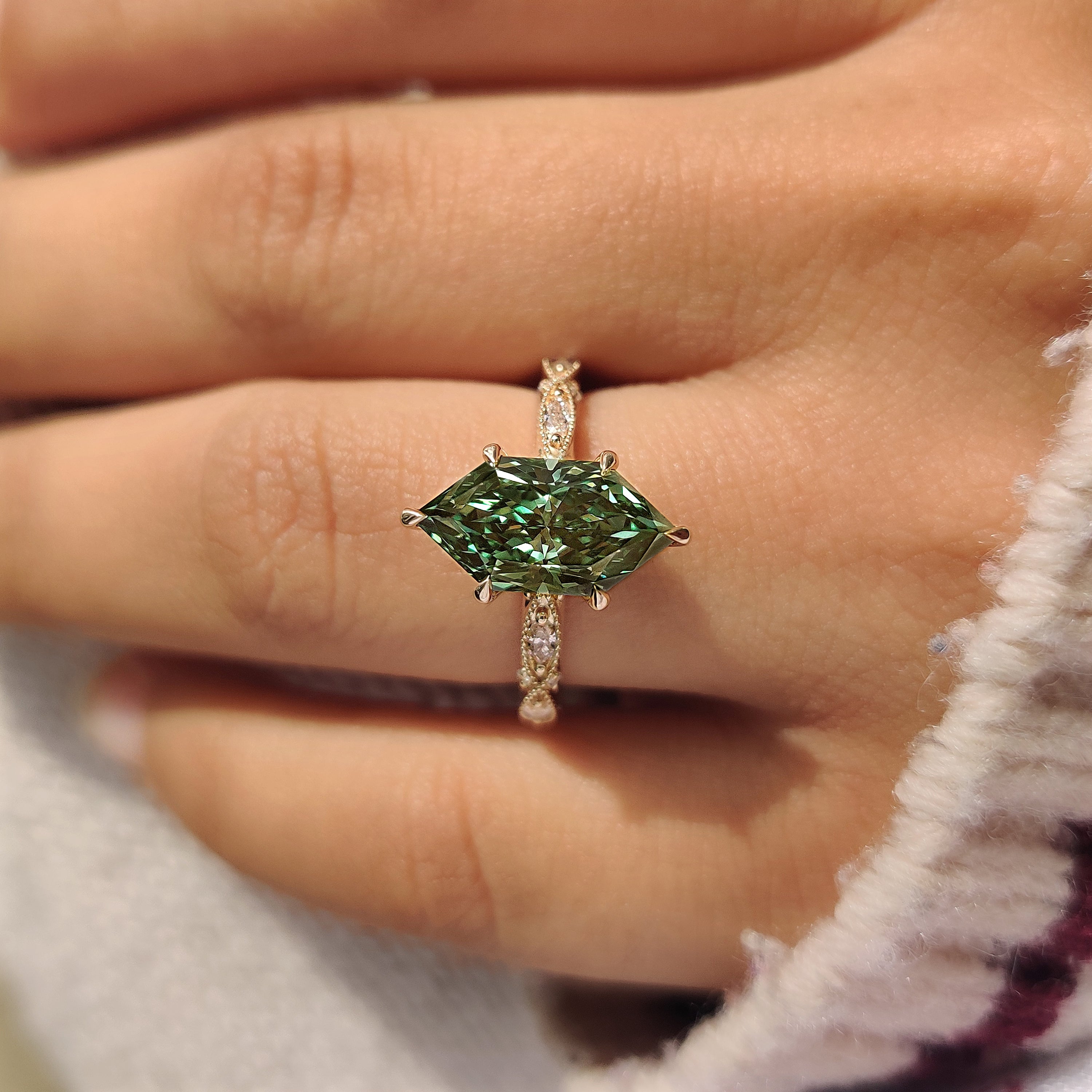 Green Dutch Marquise Engagement Ring with Milgrain Details Secondary image