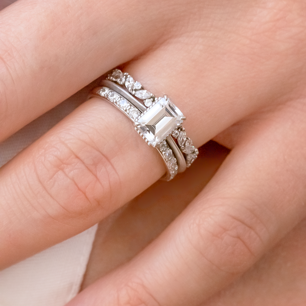 0.92 CT Emerald Cut Pave Moissanite Engagement Ring