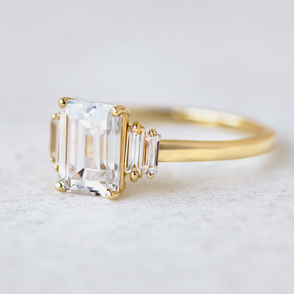 1.60 CT Emerald Cut Moissanite Three Stone Engagement Ring