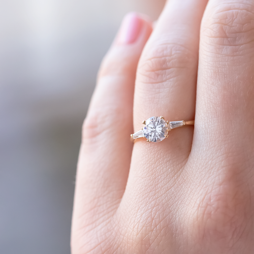 1.0 CT Round & Baguette Three Stone Moissanite Engagement Ring