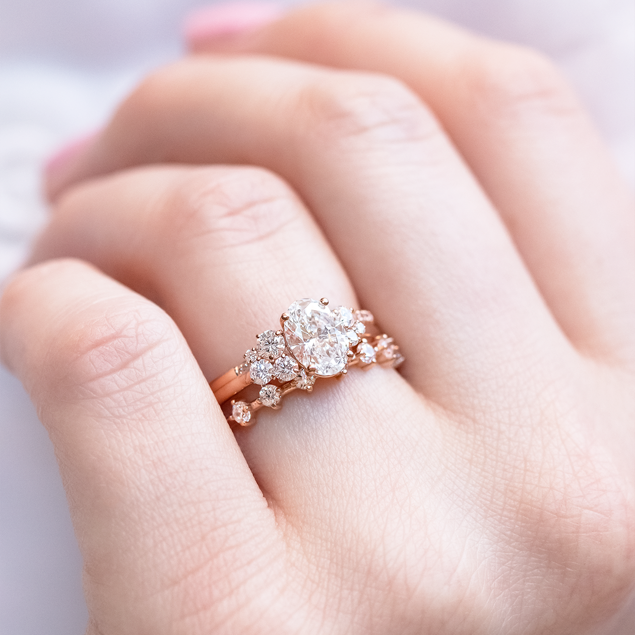 1.33 CT Oval Cut Unique Cluster Moissanite Engagement Ring