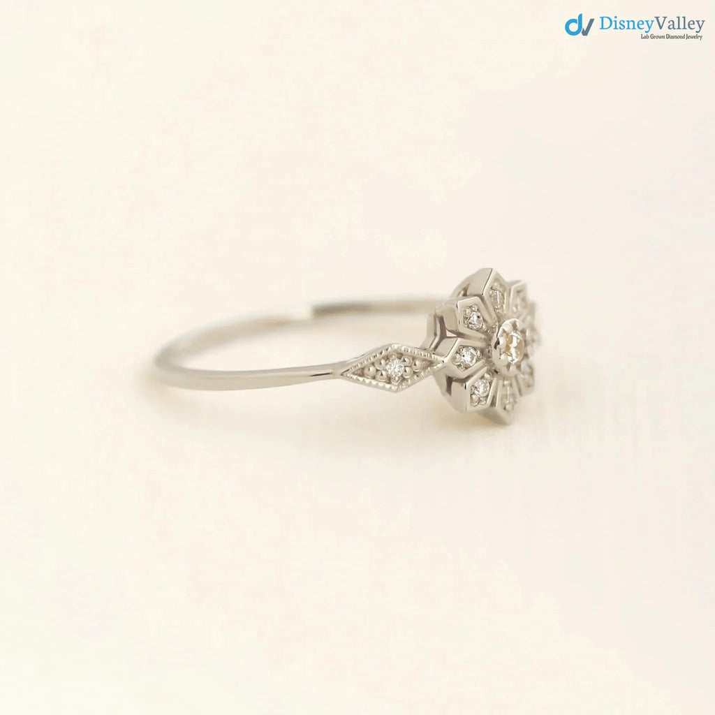 Edelweiss Floral Vintage Round cut diamond engagement ring DisneyValley