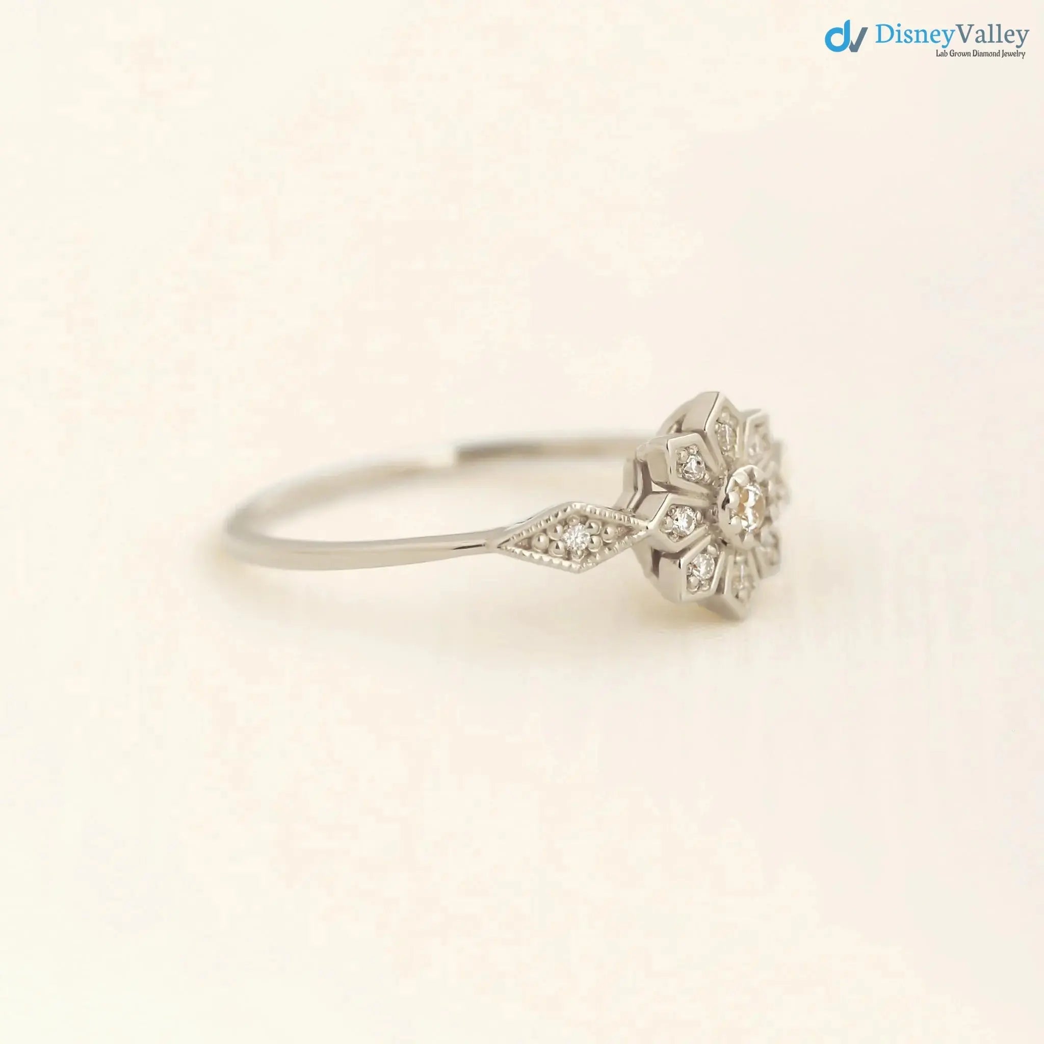 Edelweiss Floral Vintage Round cut diamond engagement ring DisneyValley
