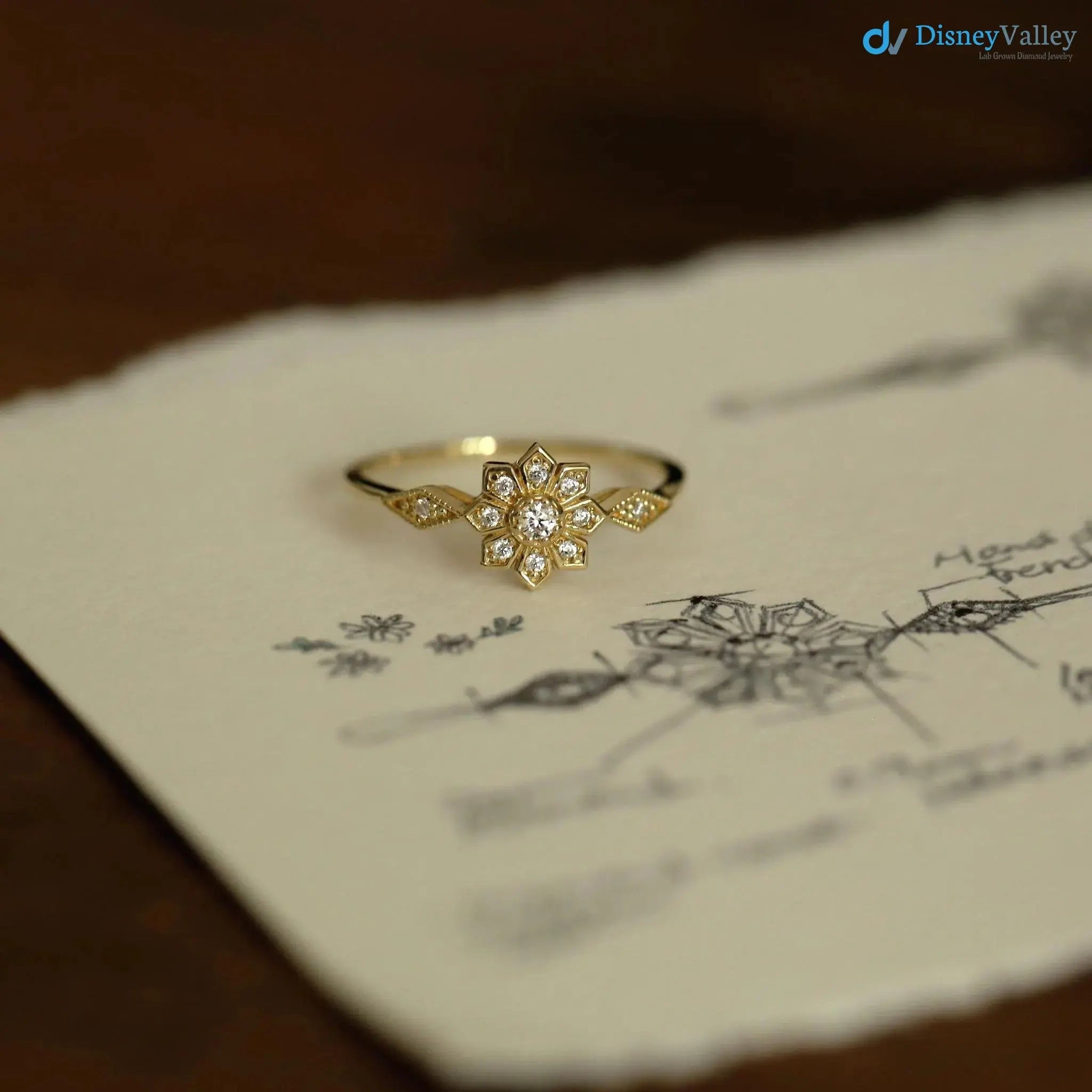 Edelweiss Floral Vintage Round cut diamond engagement ring DisneyValley