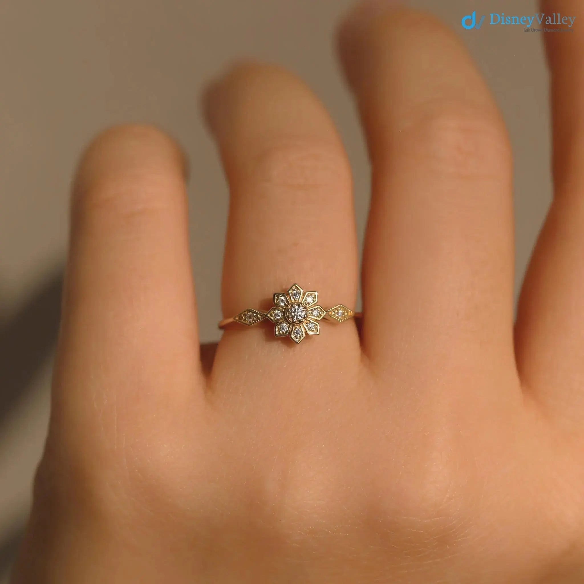 Edelweiss Floral Vintage Round cut diamond engagement ring DisneyValley