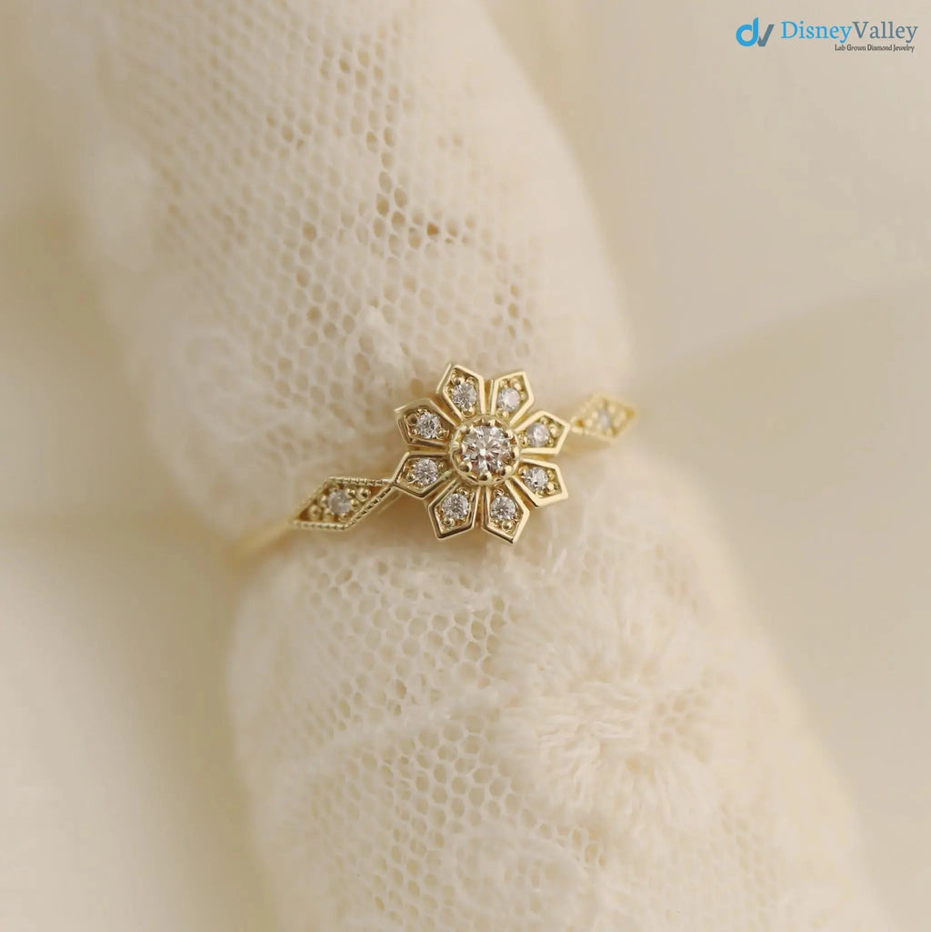 Edelweiss Floral Vintage Round cut diamond engagement ring DisneyValley