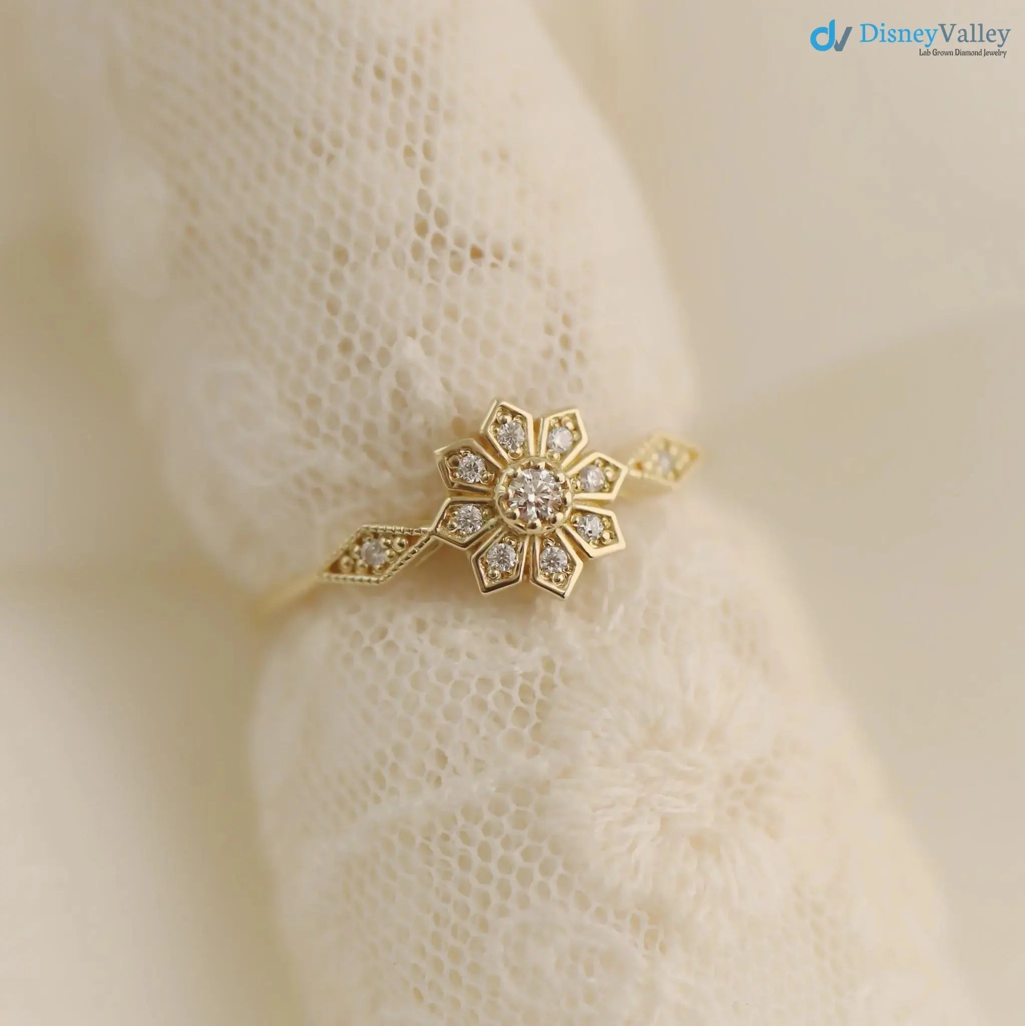 Edelweiss Floral Vintage Round cut diamond engagement ring DisneyValley