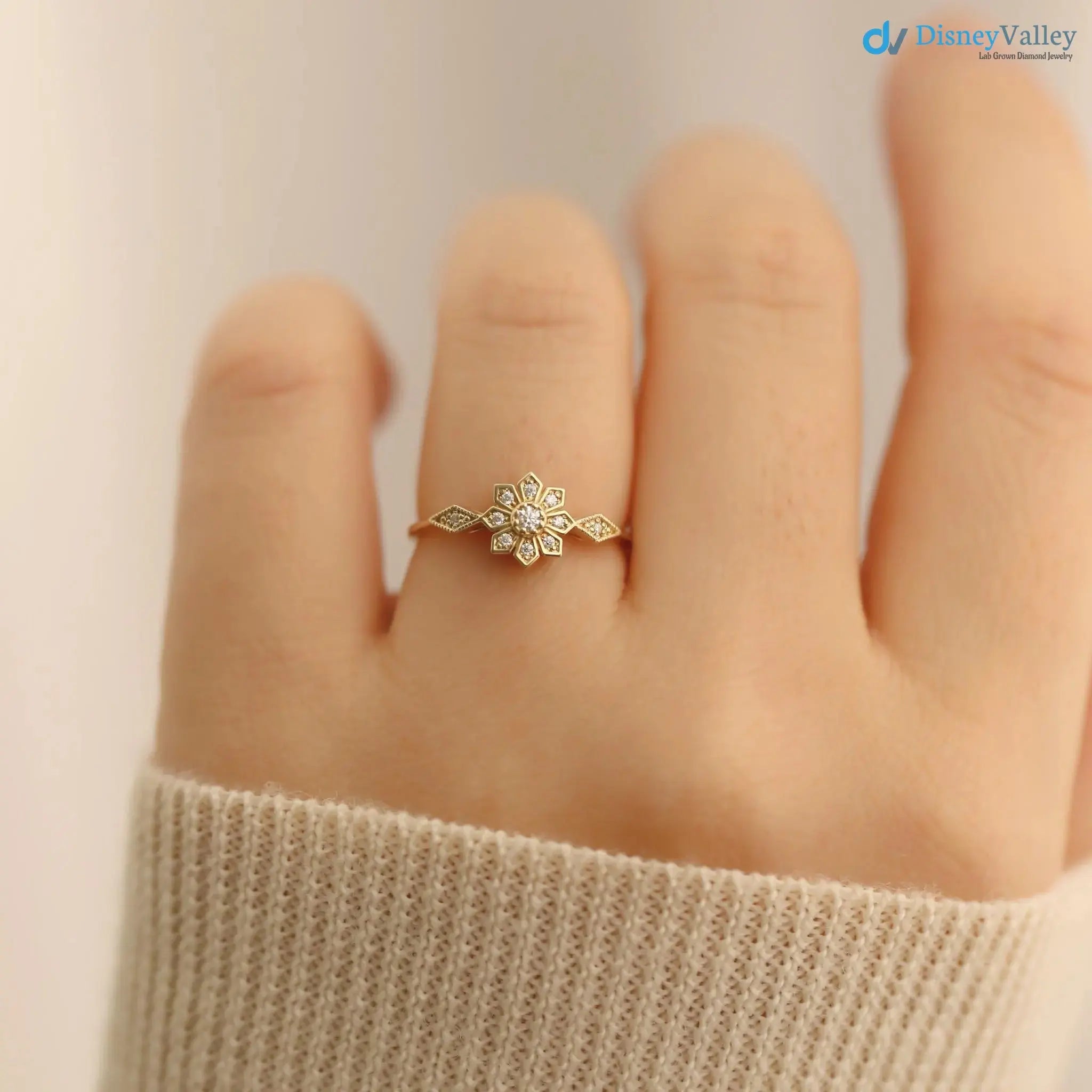 Edelweiss Floral Vintage Round cut diamond engagement ring DisneyValley