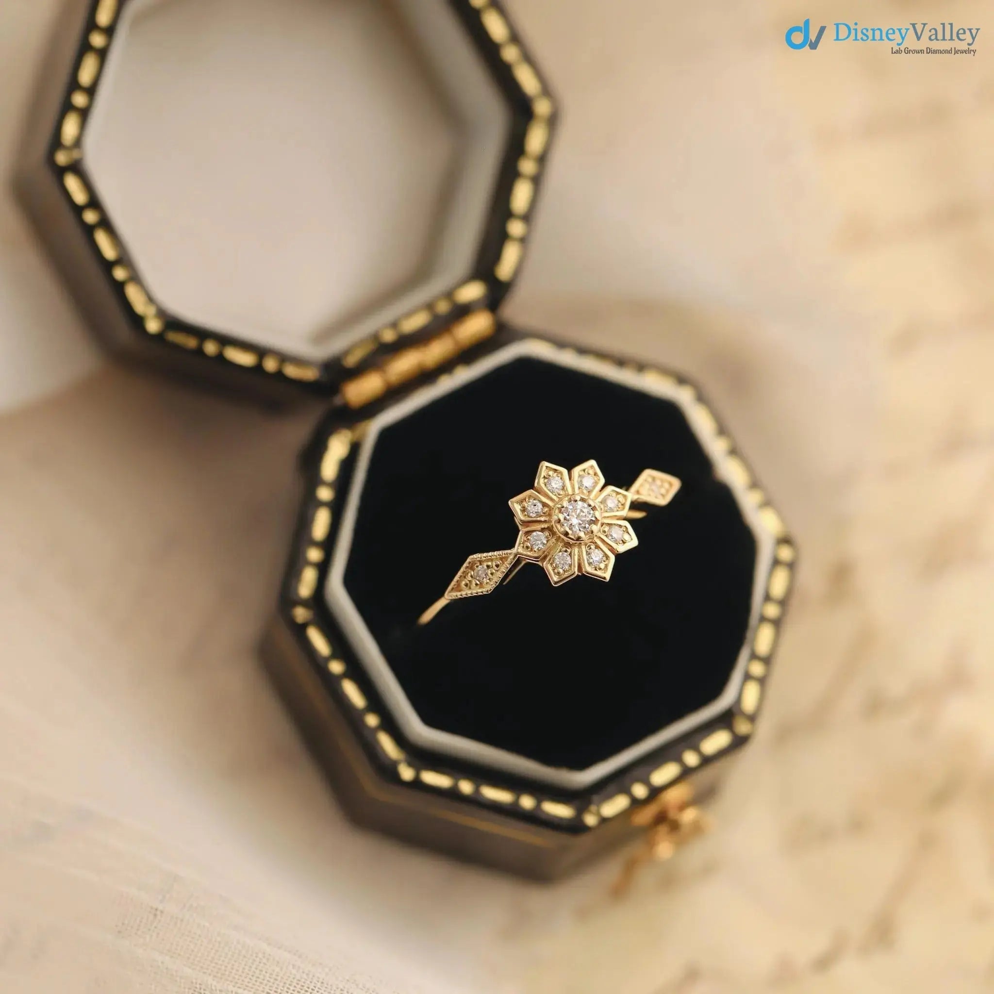 Edelweiss Floral Vintage Round cut diamond engagement ring DisneyValley
