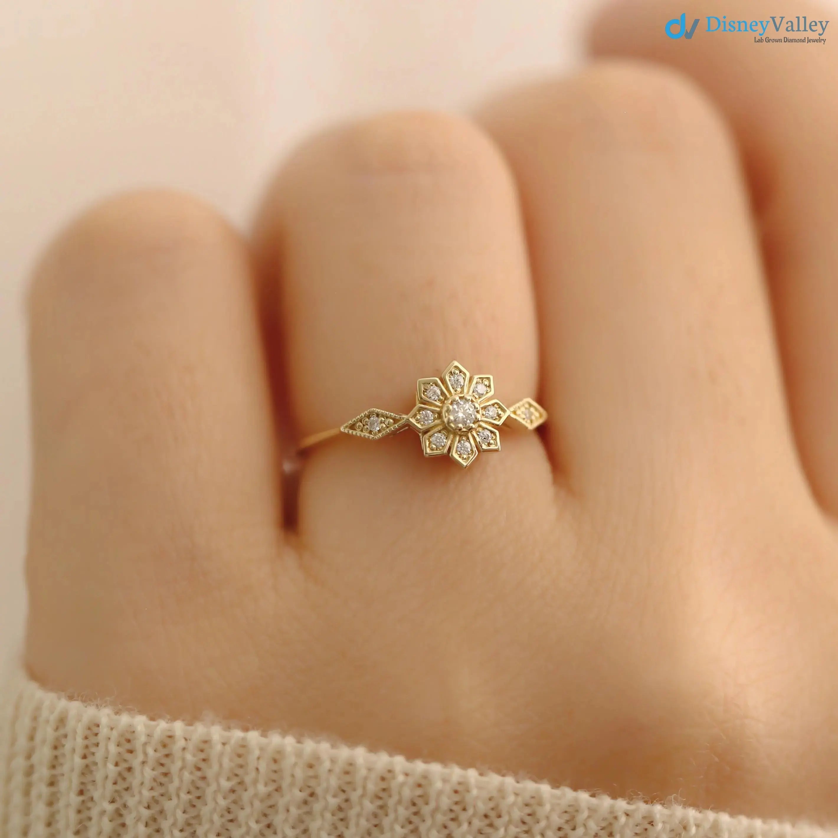 Edelweiss Floral Vintage Round cut diamond engagement ring DisneyValley
