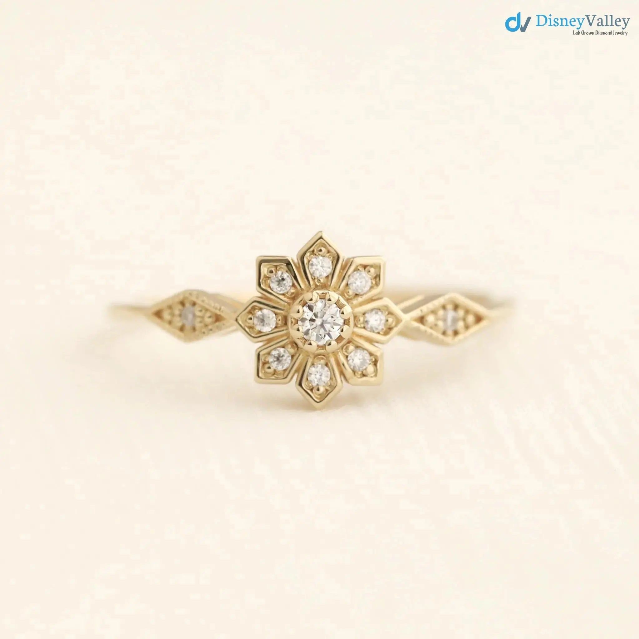 Edelweiss Floral Vintage Round cut diamond engagement ring DisneyValley