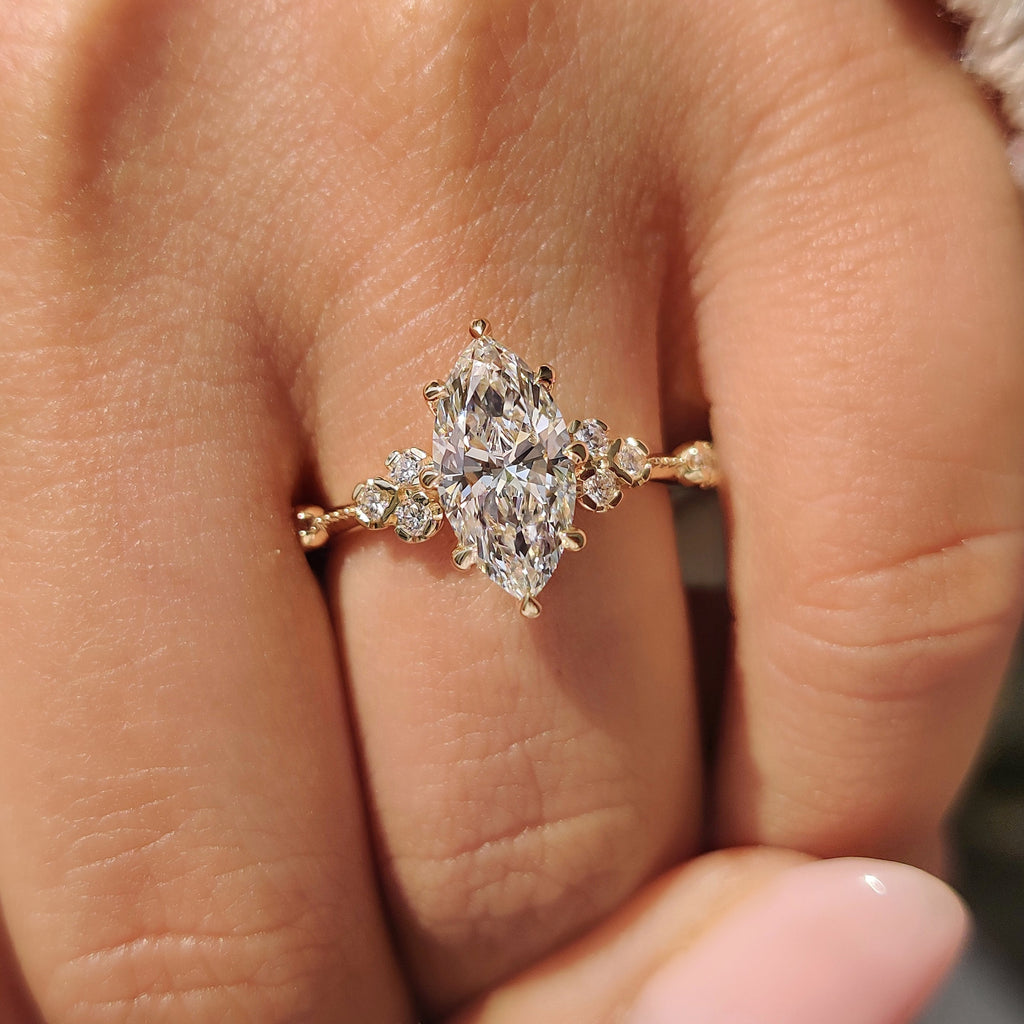 Vintage Style Marquise Lab Grown Diamond Ring with Milgrain Details