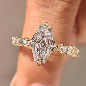 Squashed Hexagon Step Cut Ring with Baguette Cut Pave Band