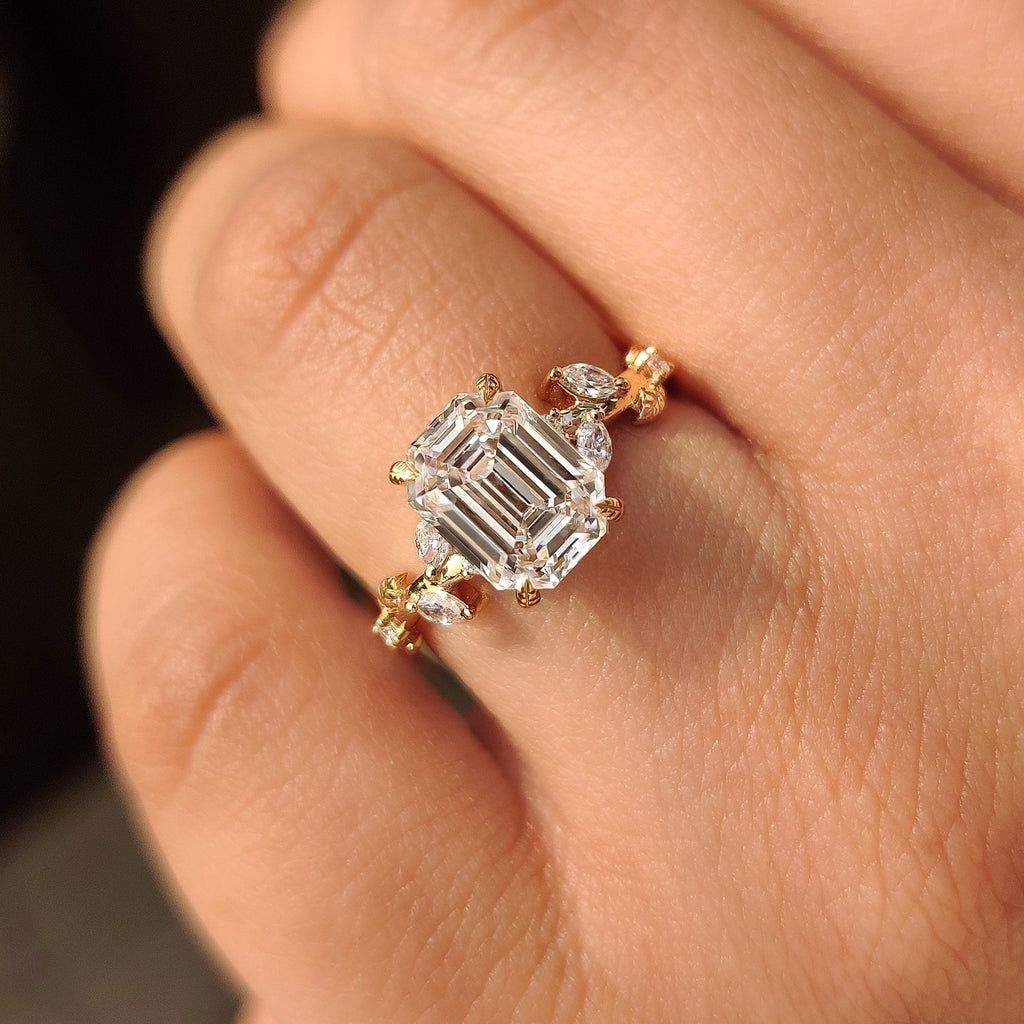 Old Mine Emerald Cut Nature Inspired Ring in Leaf Style Prong