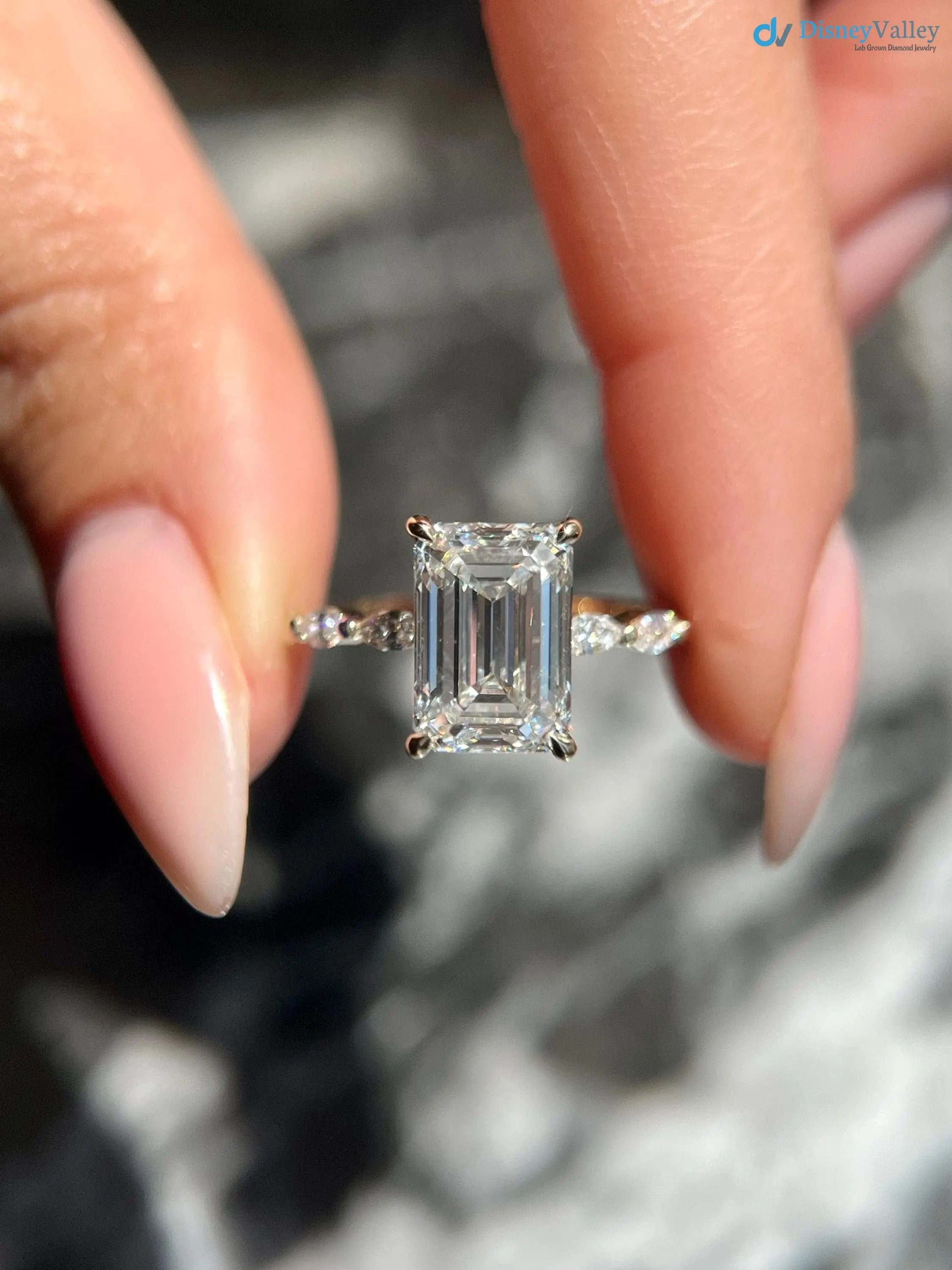 Emerald Cut 4 carat IGI Certified Lab Grown Diamond Hidden Halo Engagement Ring - DisneyValley Main image