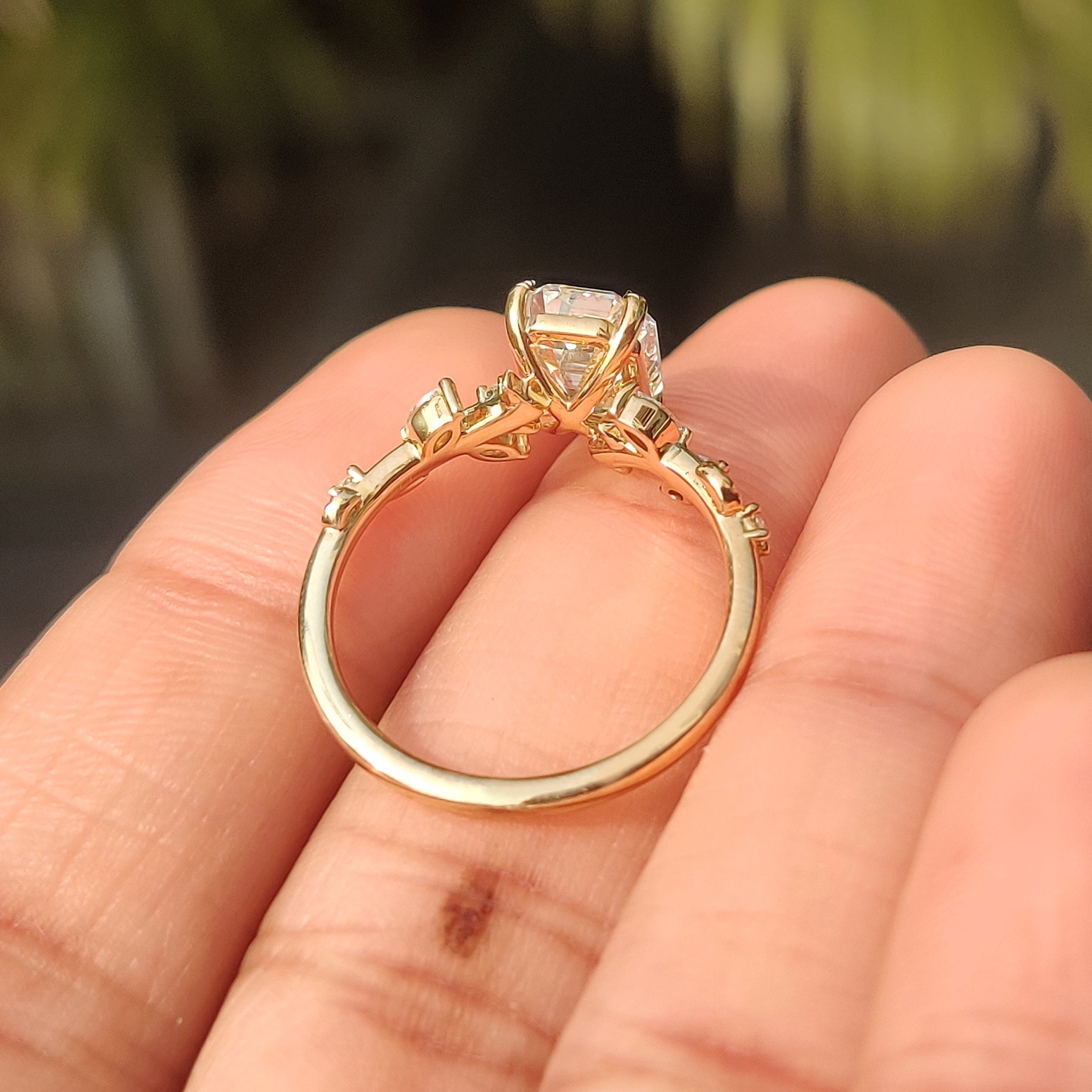 Old Mine Emerald Cut Nature Inspired Ring in Leaf Style Prong