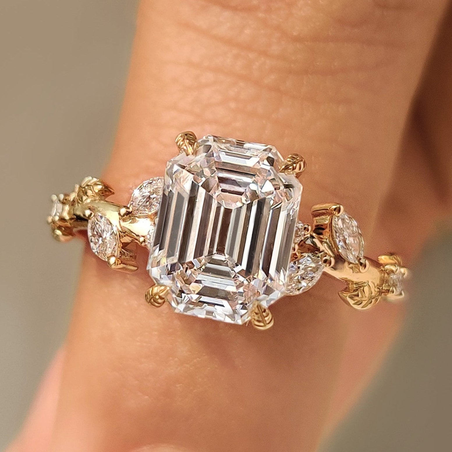 Old Mine Emerald Cut Nature Inspired Ring in Leaf Style Prong Main image