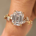 Old Mine Emerald Cut Nature Inspired Ring in Leaf Style Prong
