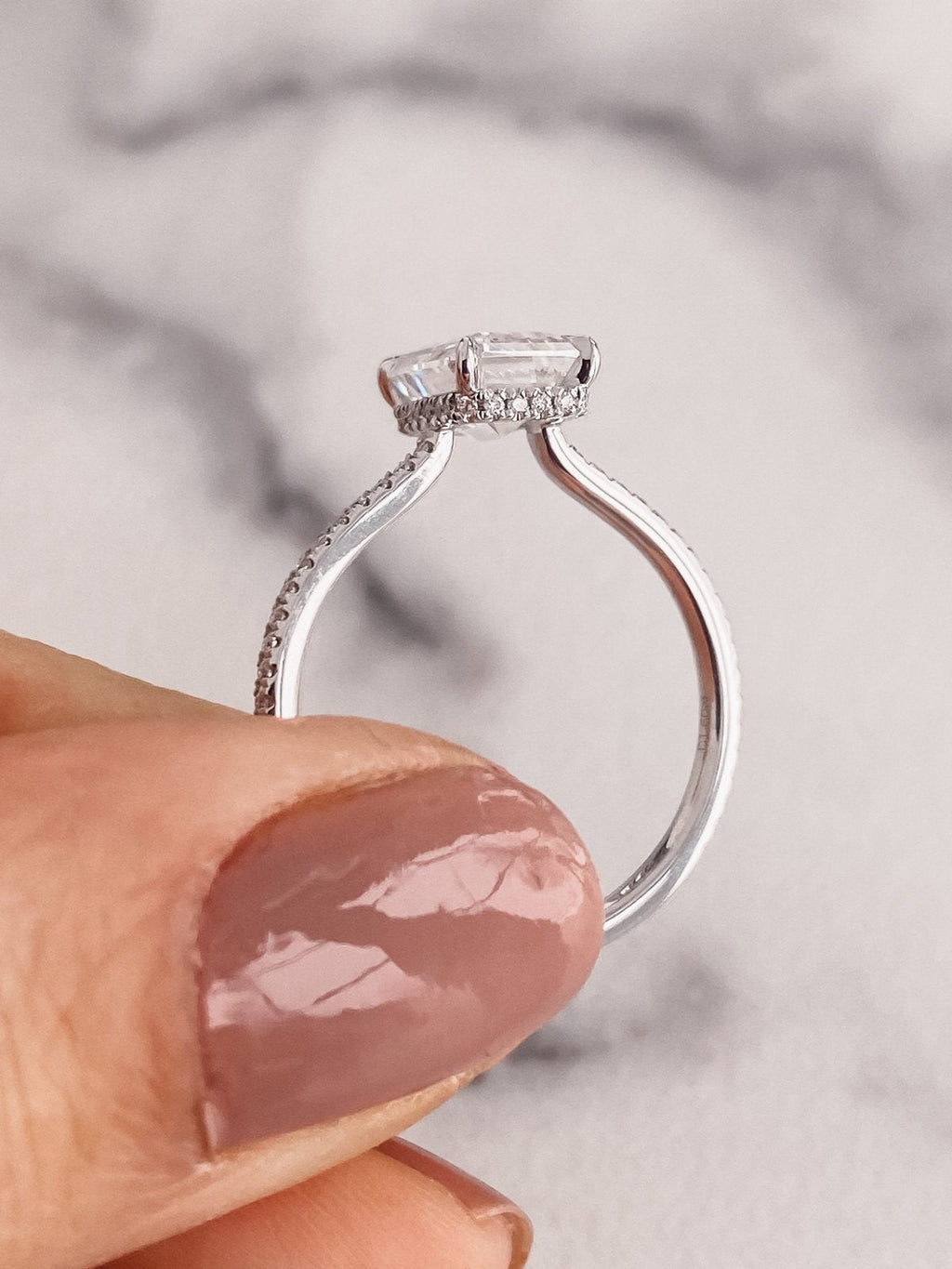 2.0 CT Emerald Cut Moissanite Hidden Halo Engagement Ring
